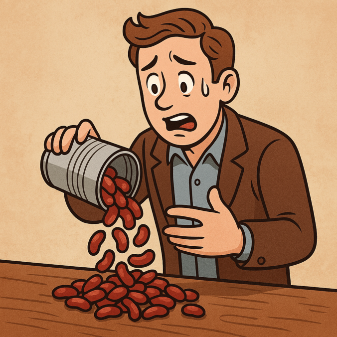Eine Comic-Figur, die Bohnen aus eine Dose ausschüttet